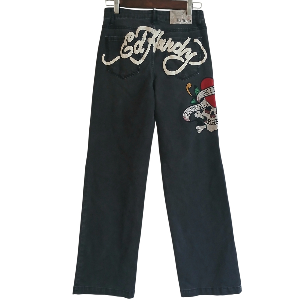 ED HARDY Love Kills Slowly Wide Leg Jeans Women's 26 Spellout Tattoo Black